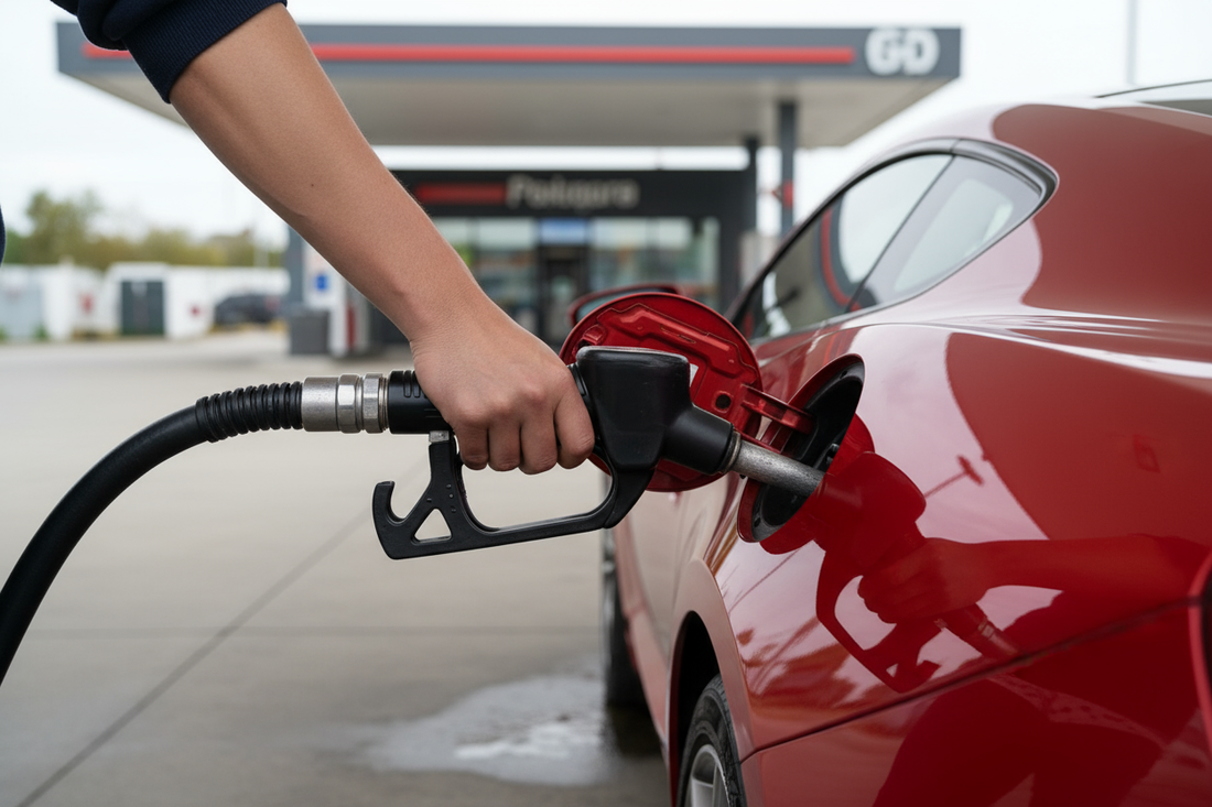 Fuel being added to the tank of a red sports car at a petrol station