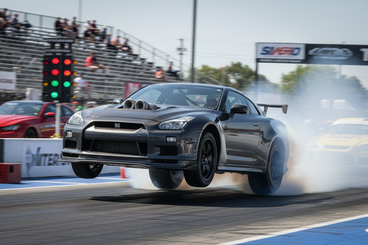 Nissan Skyline GT-R with flames shooting from exhaust at a quarter-mile drag race