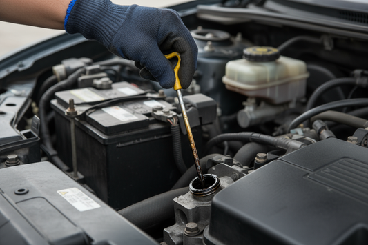 Mechanic pulling out engine dipstick to check oil level during a DIY car service