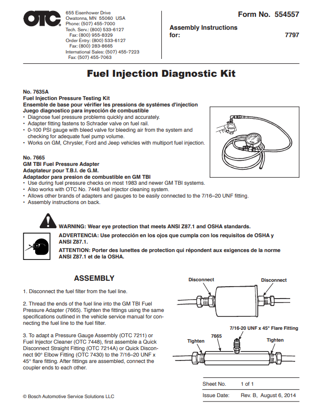 OTC SPX Fuel Injection Diagnostic Kit 7797 ( 7635A + 7665 ) GM TBI 0-100 PSI