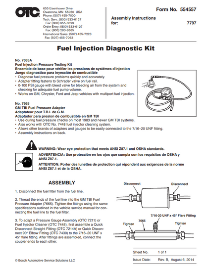 OTC SPX Fuel Injection Diagnostic Kit 7797 ( 7635A + 7665 ) GM TBI 0-100 PSI