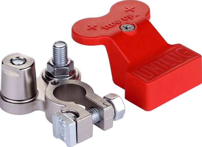 Unilug Two Up Dual Battery Distribution Terminals + Covers Red Black 4WD 12V