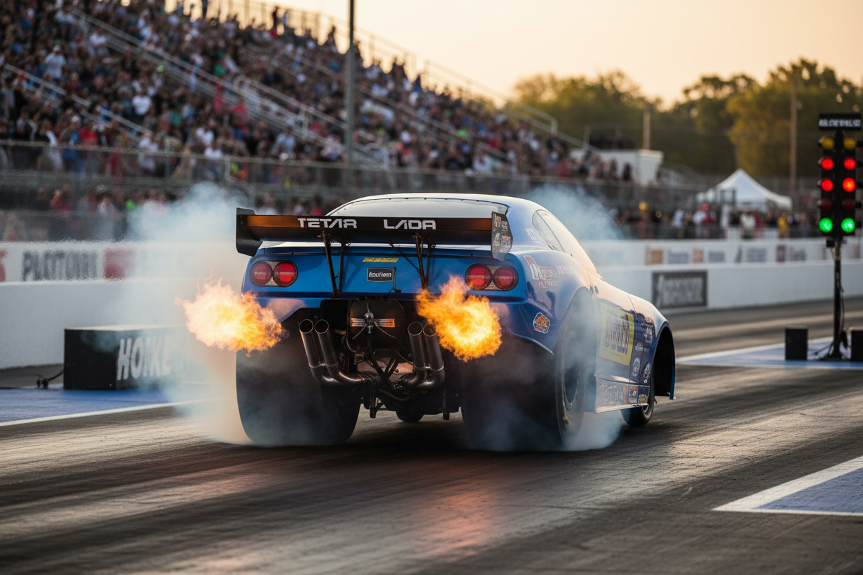twin turbo race car taking off at a 1/4 mile race with flames from exhaust